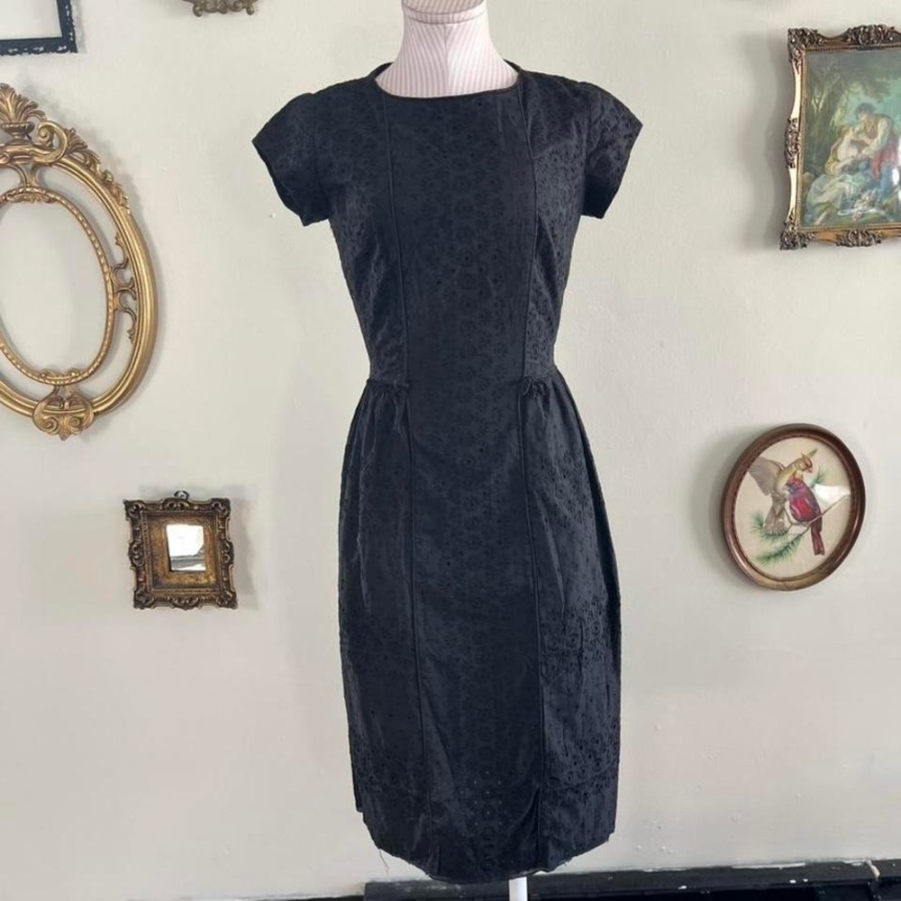 Vintage Miss Donna Black Floral Eyelet Midi Dress Cap Sleeve Fit & Flare Small